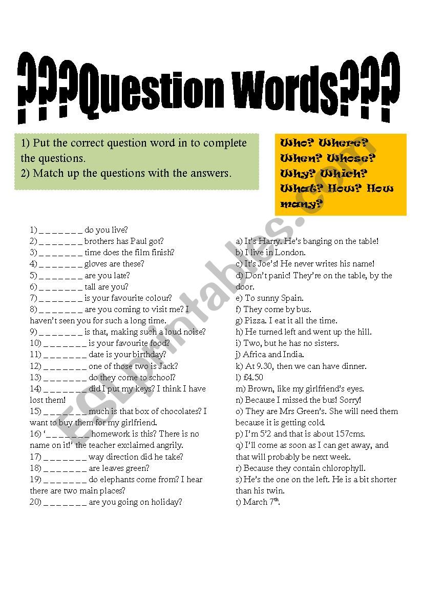 Question Words worksheet