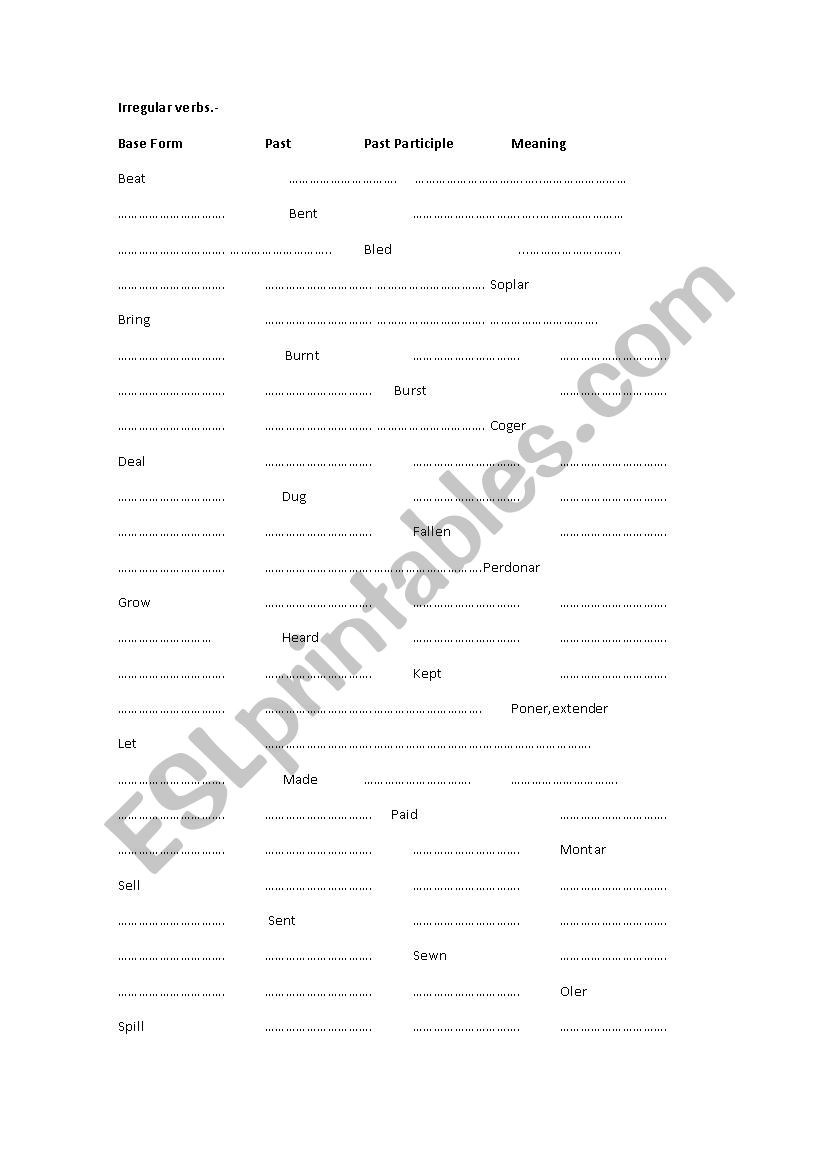 Irregular Verbs worksheet