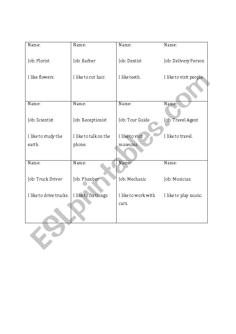 Job Role Play Cards worksheet