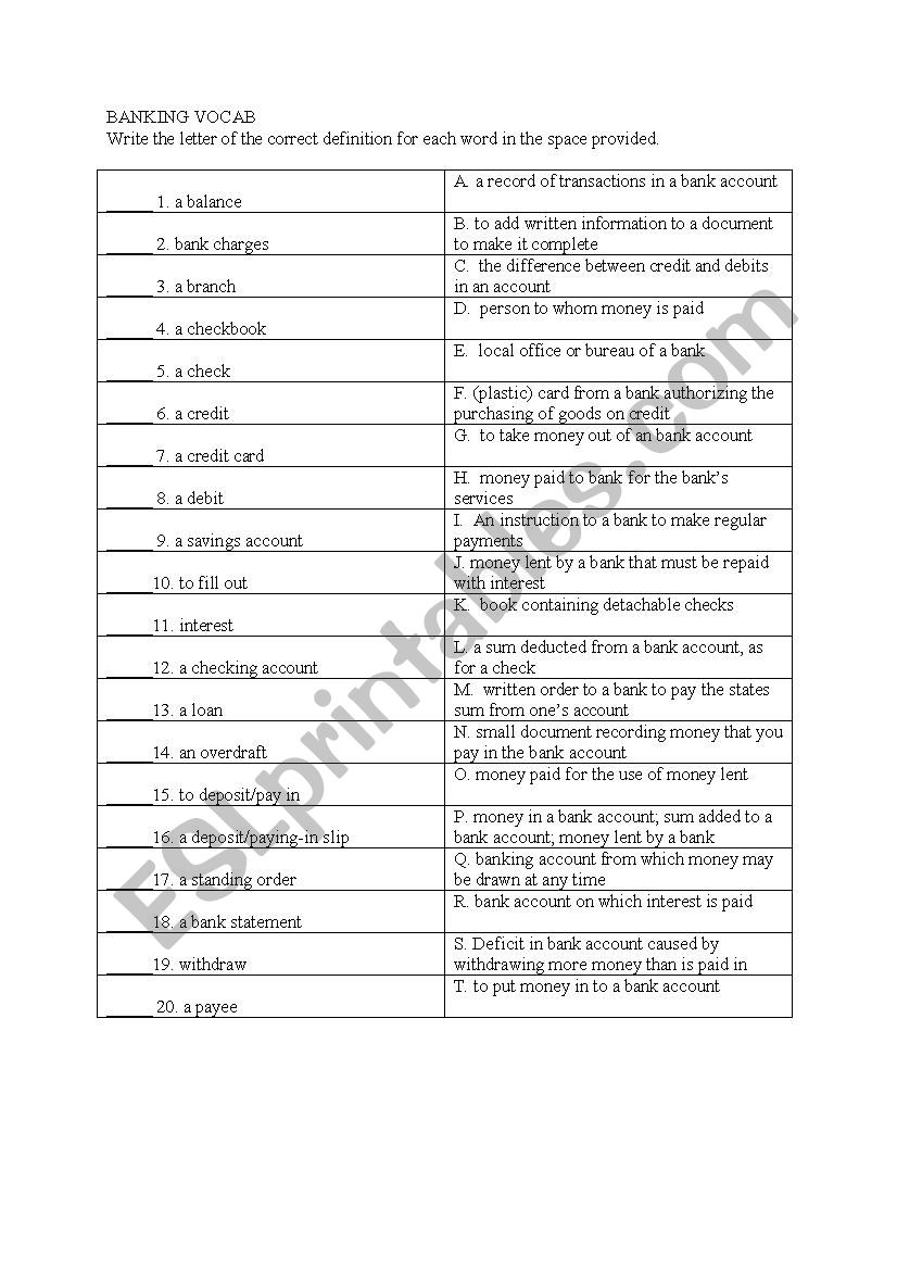 Banking Vocab worksheet