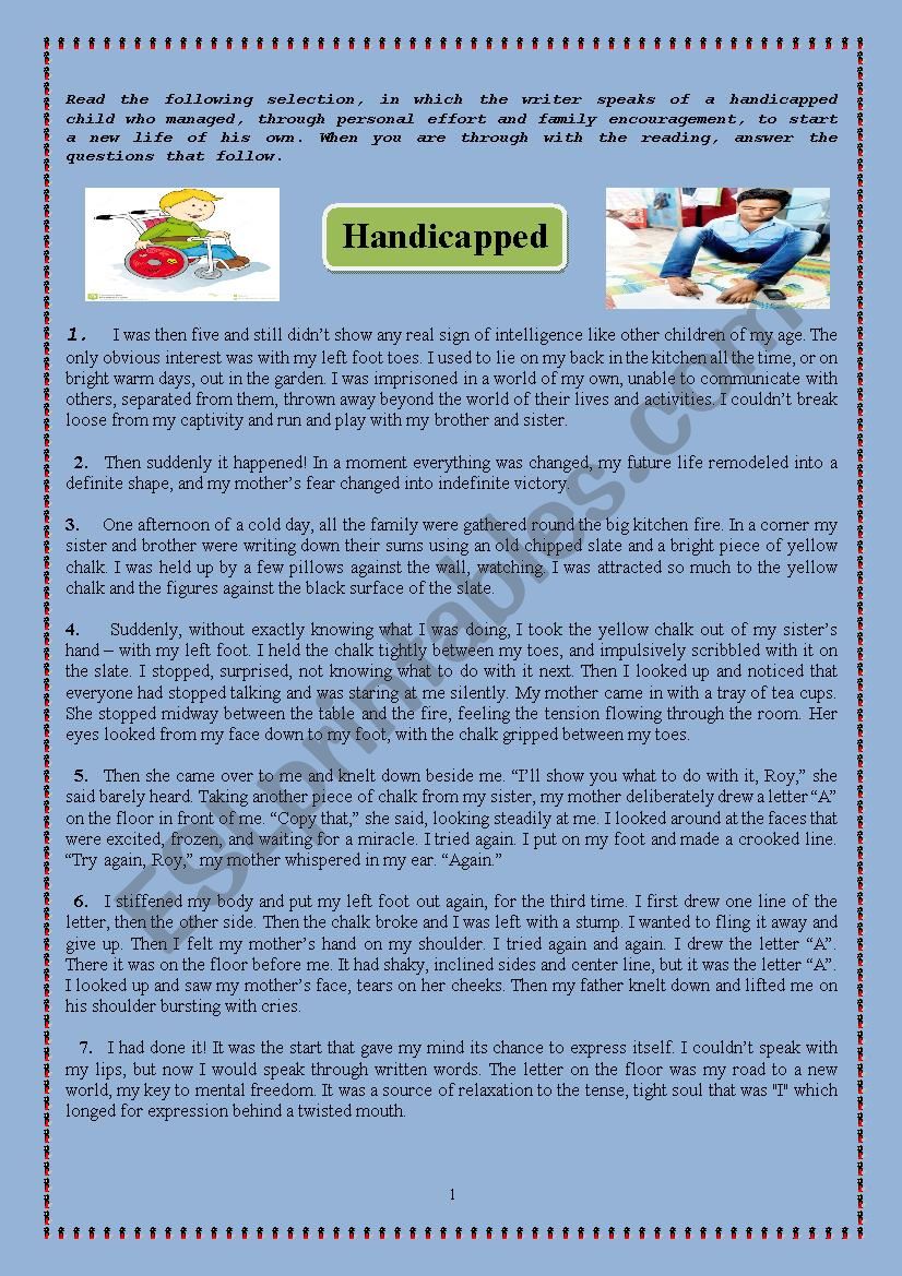 7th Form Exam ( handicapped)/ comprehension questions/ vocab/ grammar