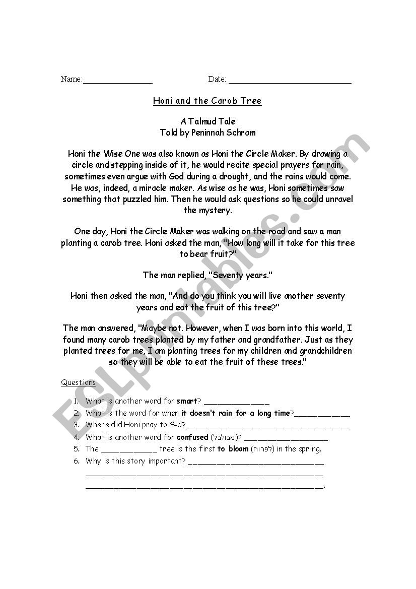 Honi the Circle Maker worksheet