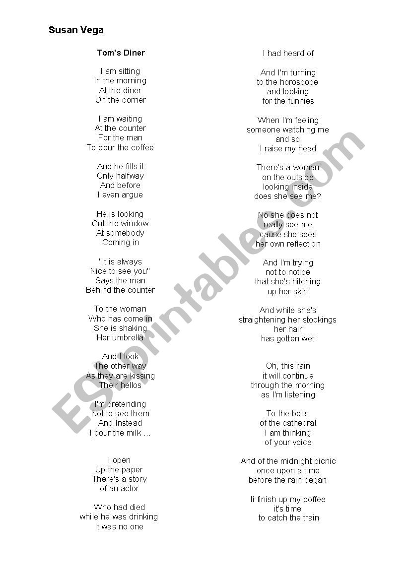 Tom´s Diner song worksheet ESL worksheet by kratushka