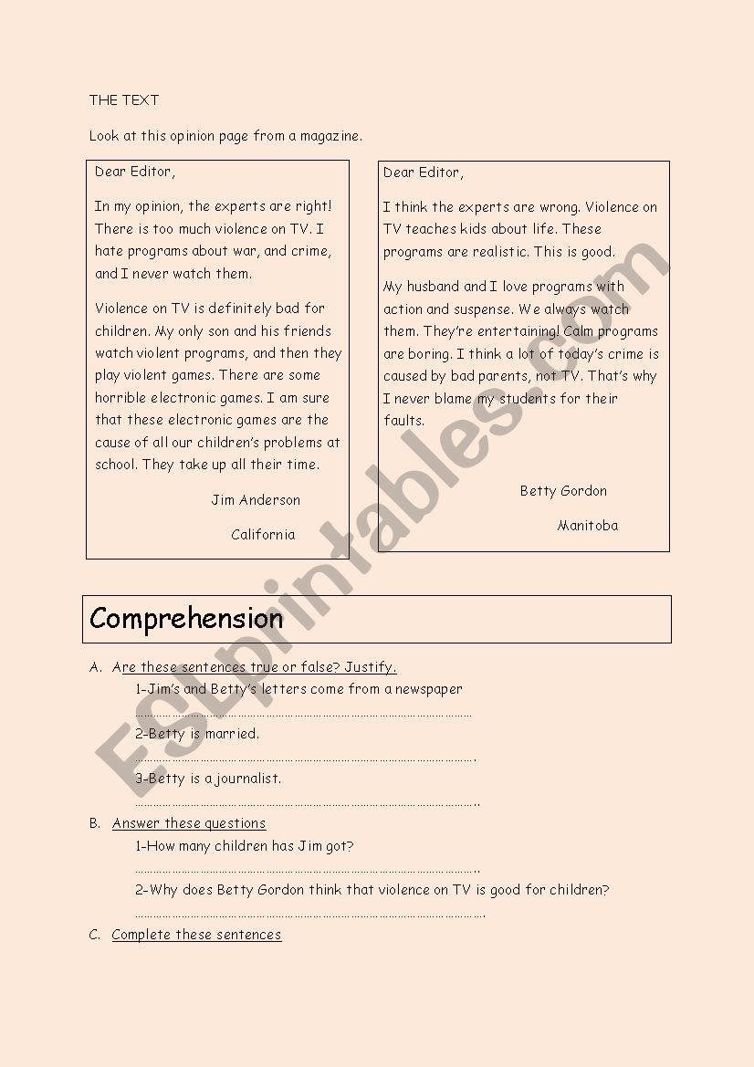 violence on  TV worksheet