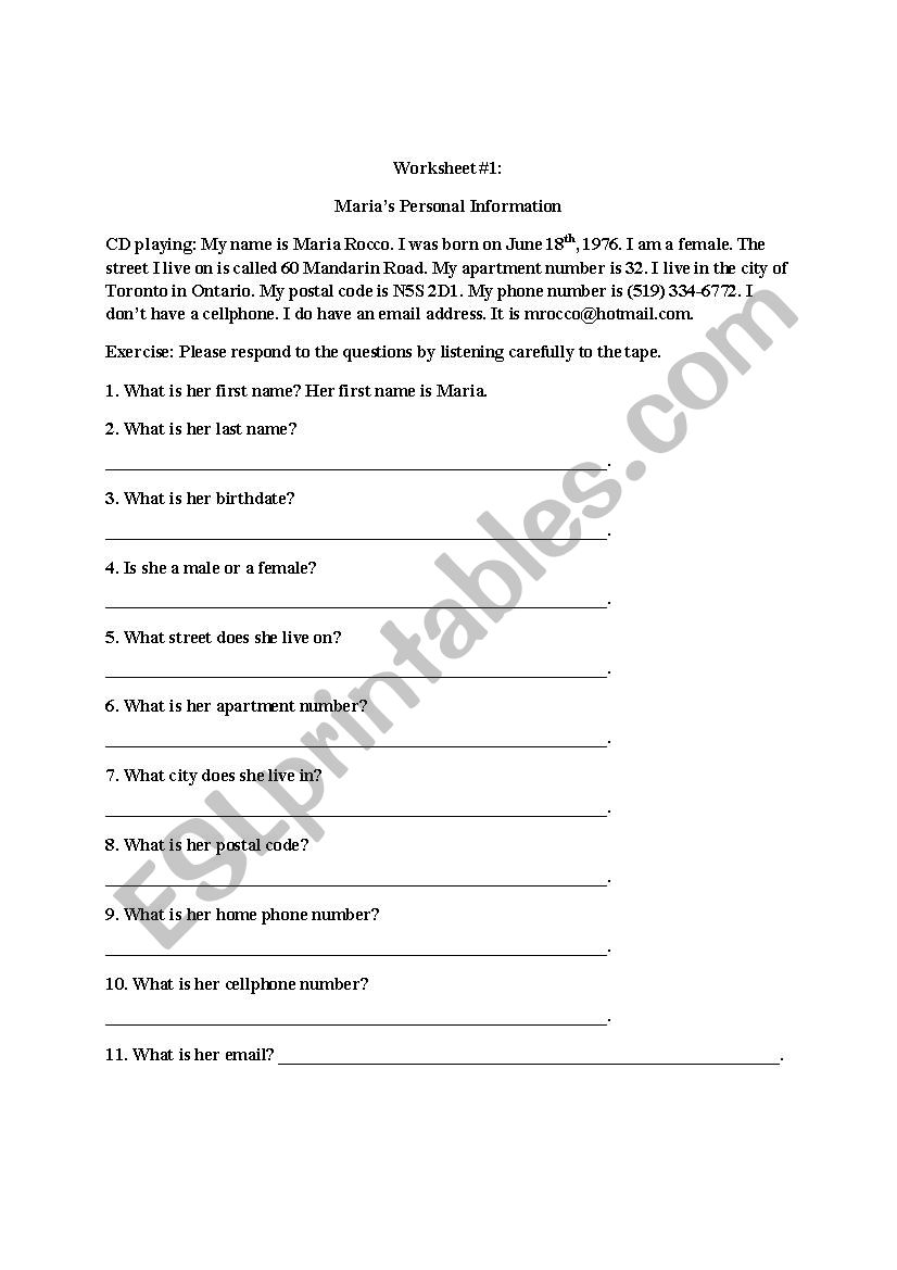 Personal Information worksheet