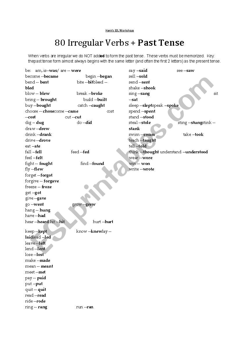 80 Irregular Verbs +  Past Tense
