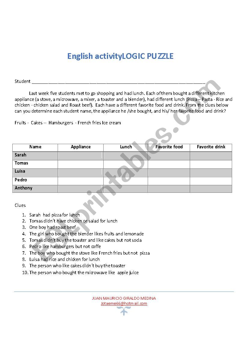 Logic Puzzle  worksheet