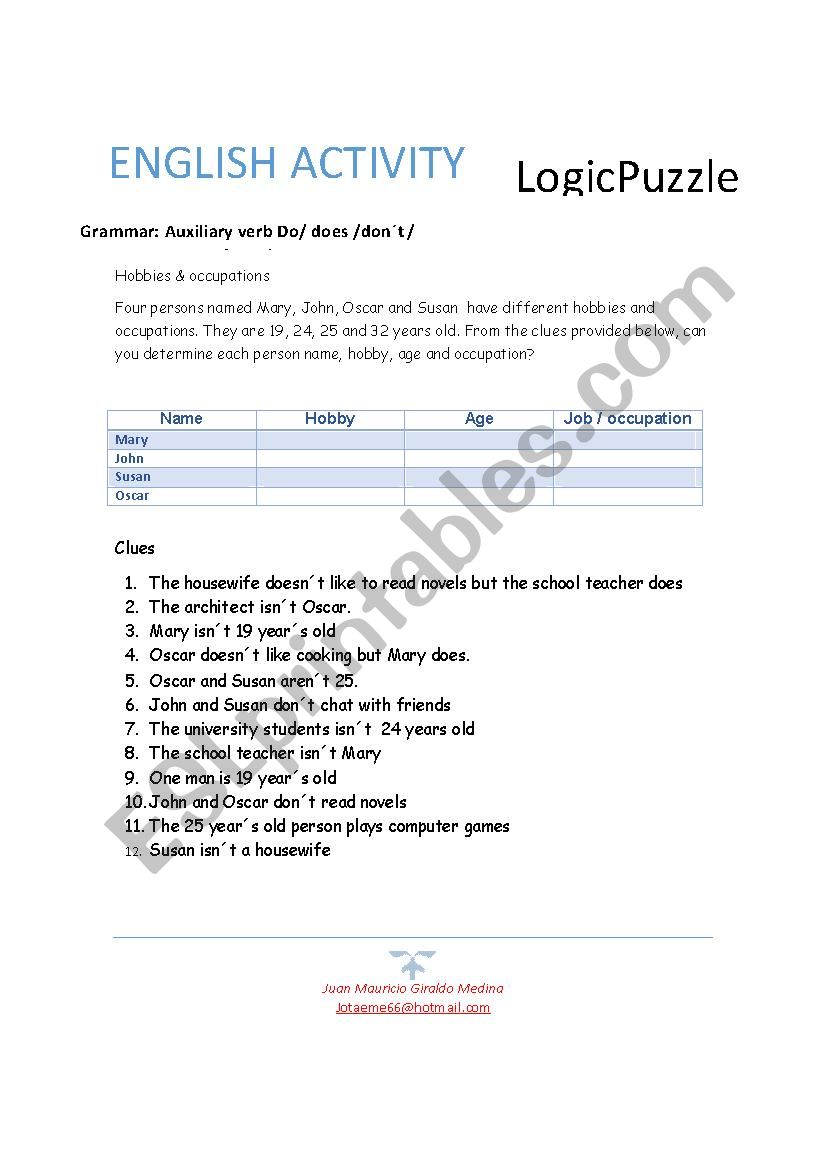 Logic puzzle to practive aux. verb do/does