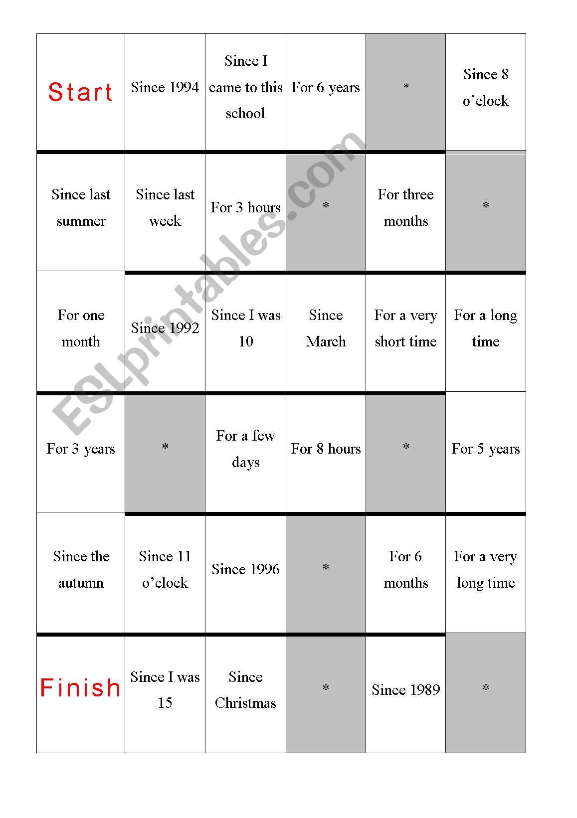 For/Since Gameboard worksheet