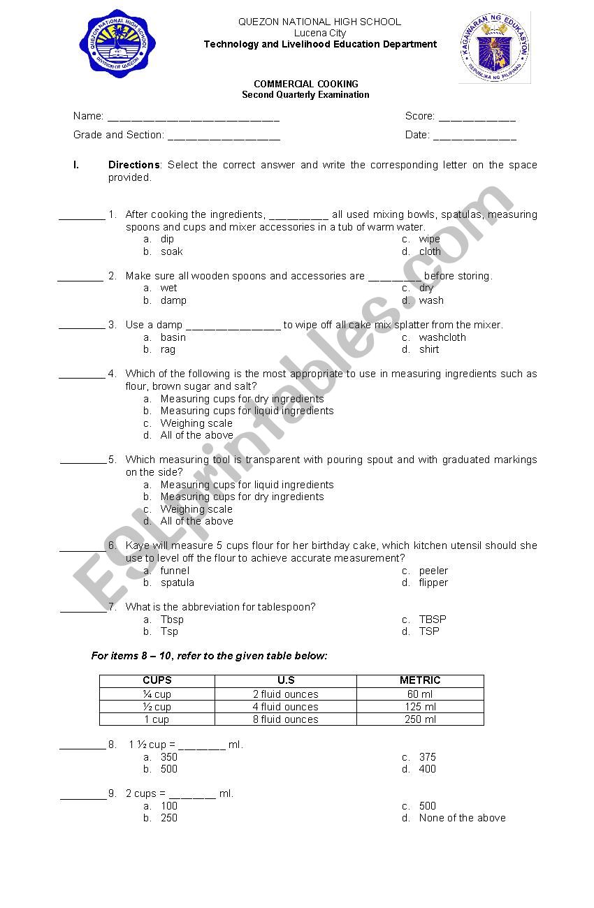 Commercial cooking exam worksheet