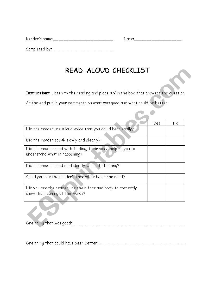 Read aloud checklist for peer to peer assessment - ESL suitable