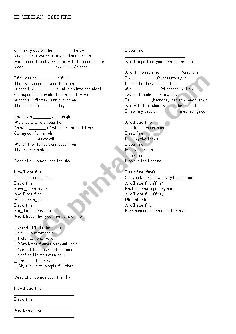 Ed Sheeran - I see fire song worksheet