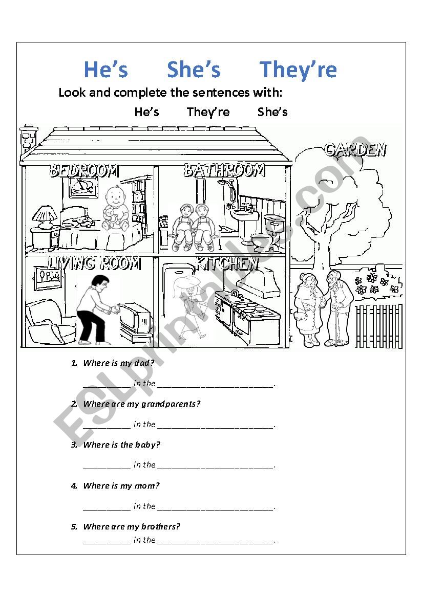 PRONOUNS HE´S / SHE´S / THEY´RE AND PARTS OF THE HOUSE - ESL worksheet ...
