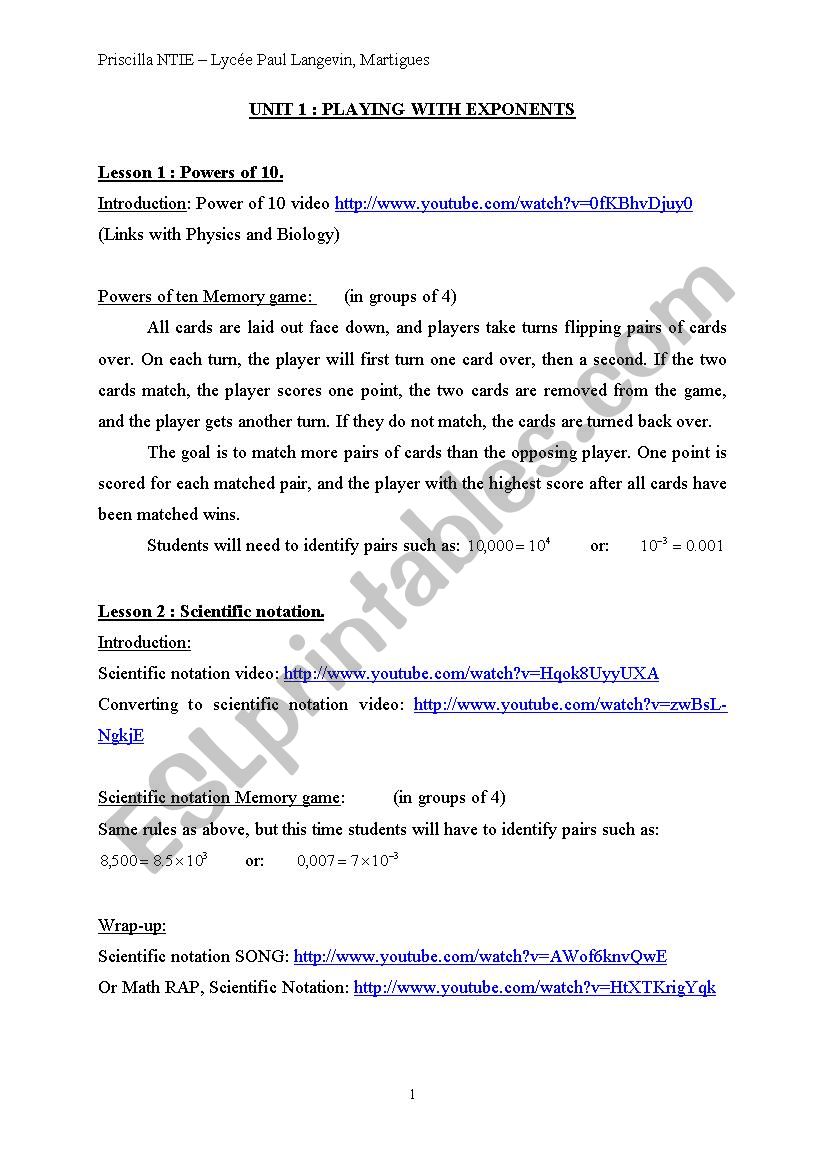 Unit 1 : Playing with exponents
