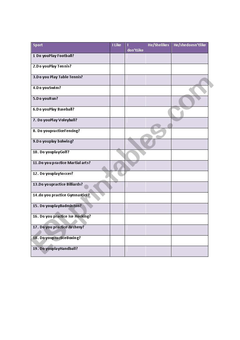 Sports Survey worksheet