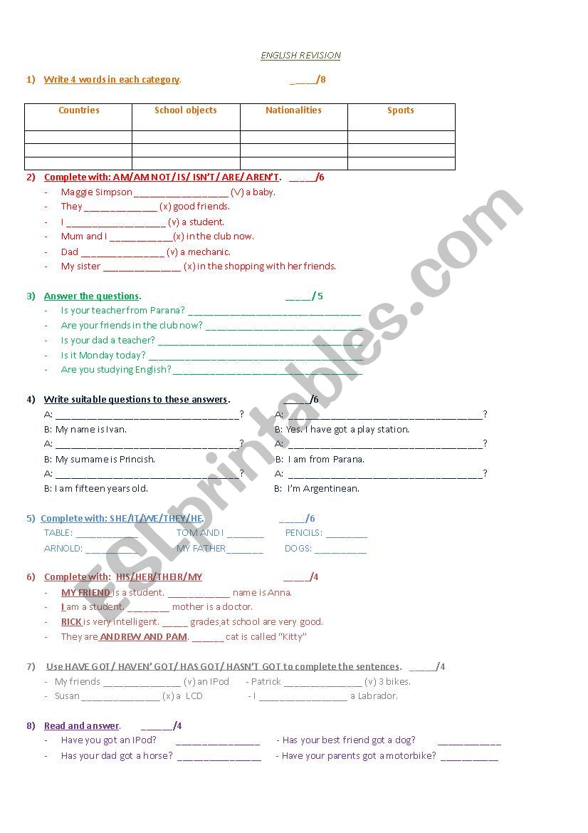 revision worksheet