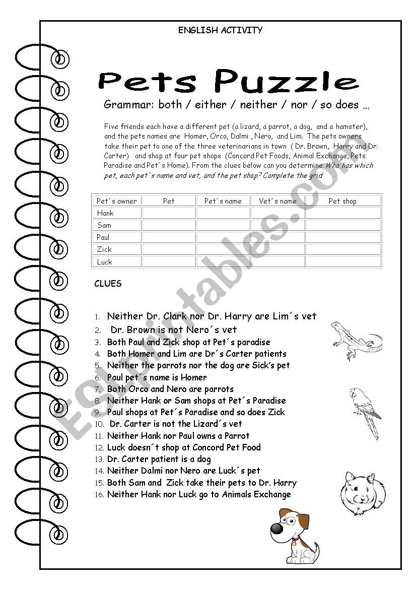 Logic Puzzle #4 PETS worksheet