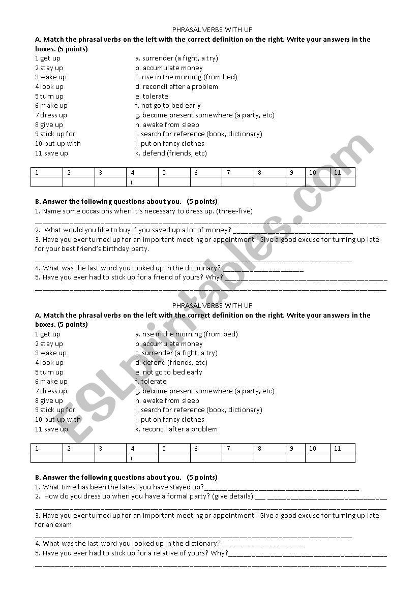 PHRASAL VERBS WITH UP worksheet