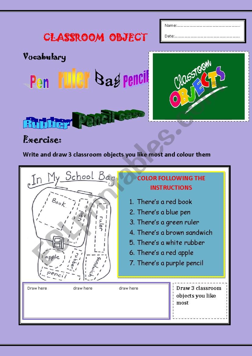 Classroom objects worksheet