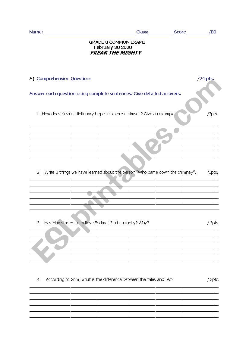 freak the mighty test worksheet