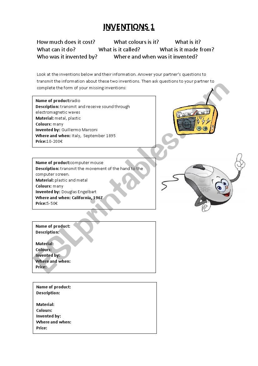 Inventions Oral Pairwork worksheet