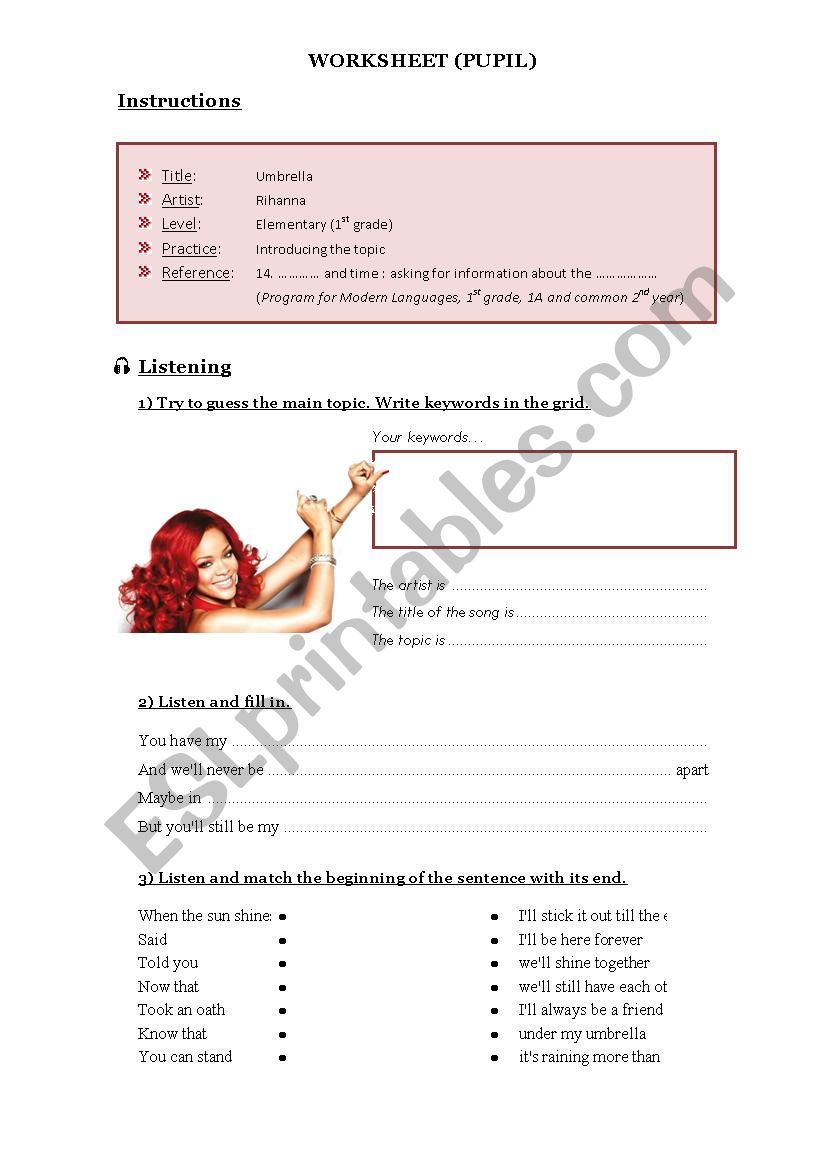 Rihanna - Umbrella worksheet