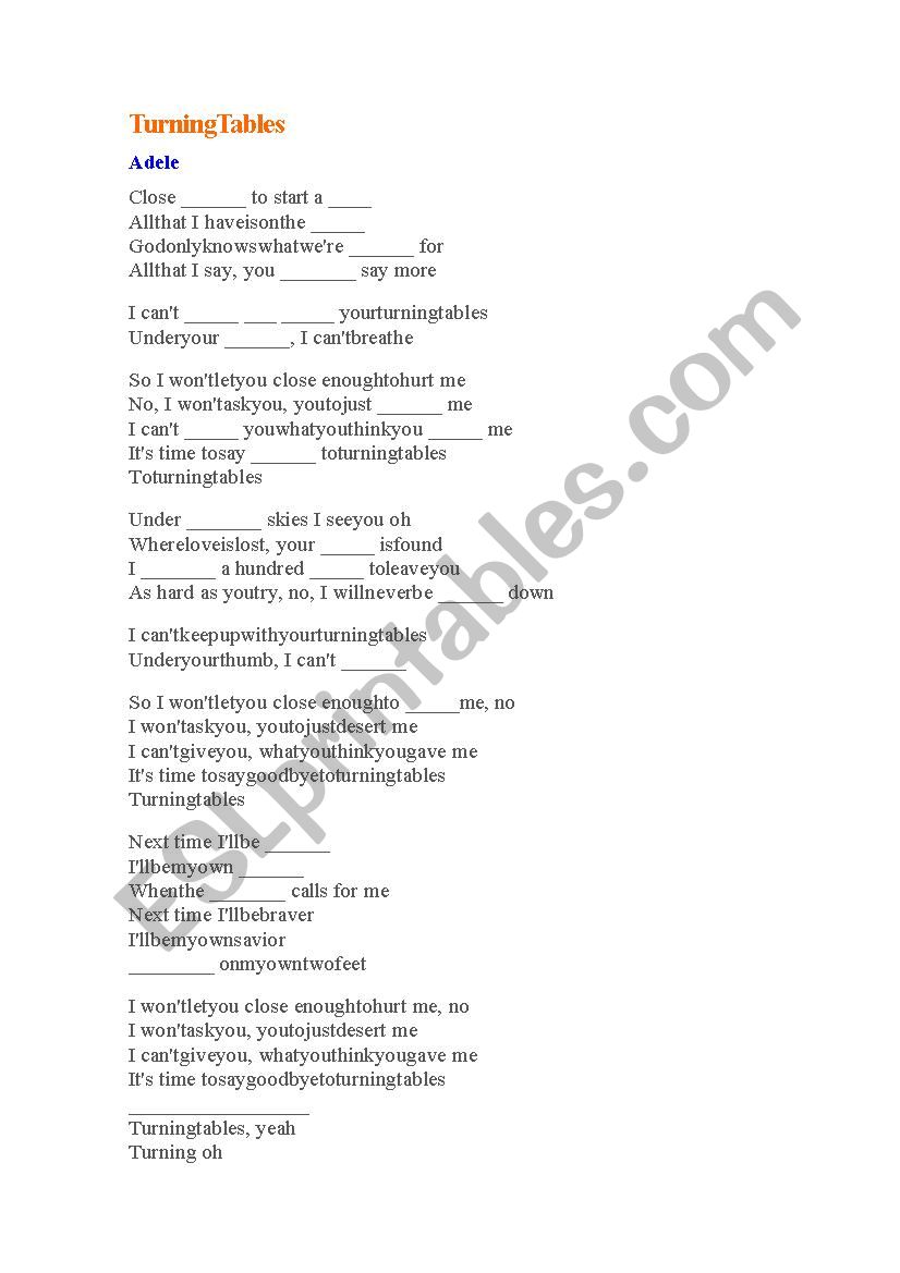 Turning Tables - Adele worksheet