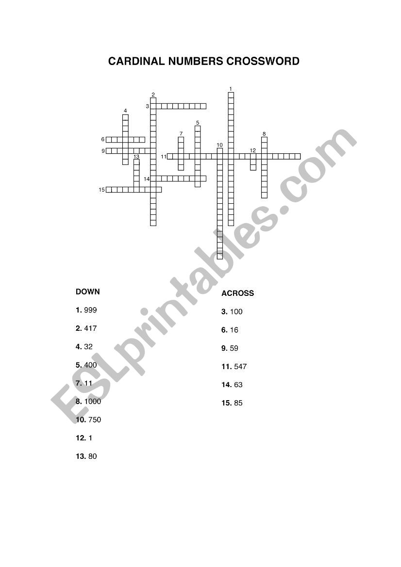 Cardinal numbers crossword worksheet