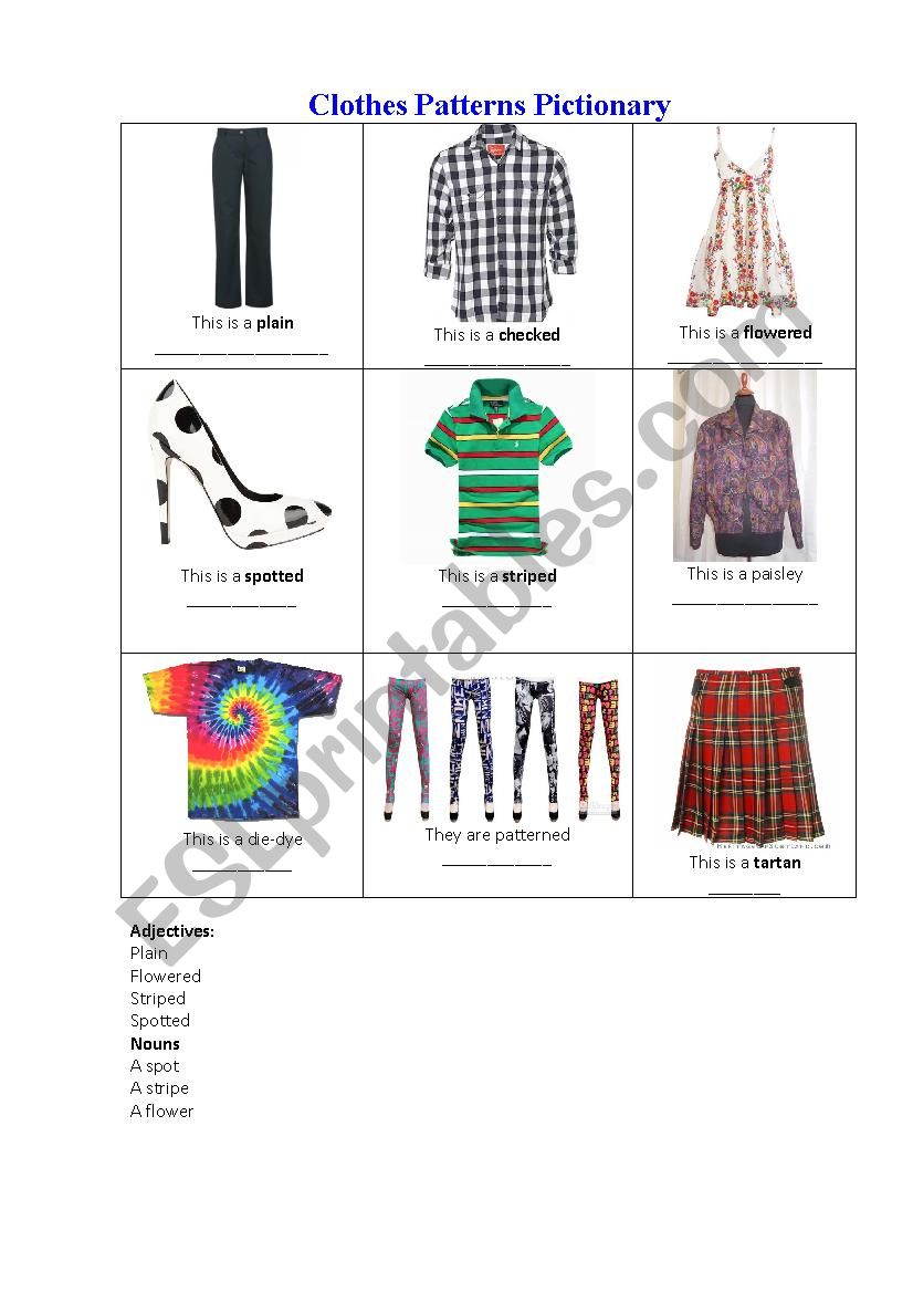 Clothes patterns pictionary worksheet