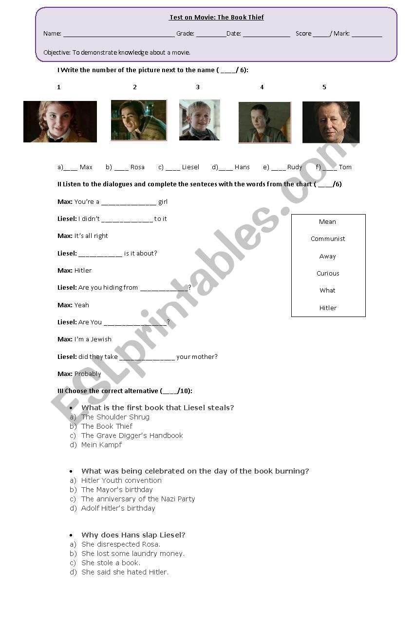 The book Thief (Movie) worksheet