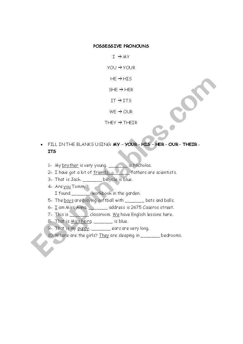 possessive pronouns worksheet