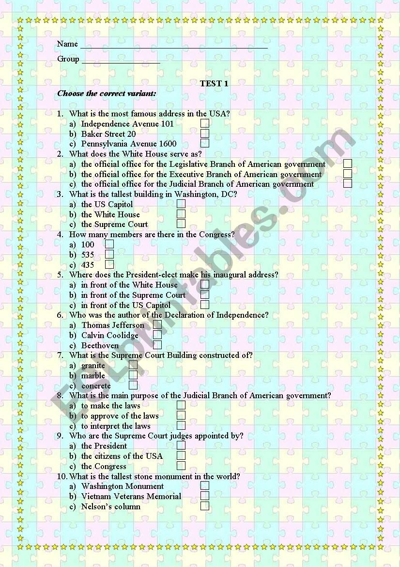 Washington, DC Test 1 worksheet