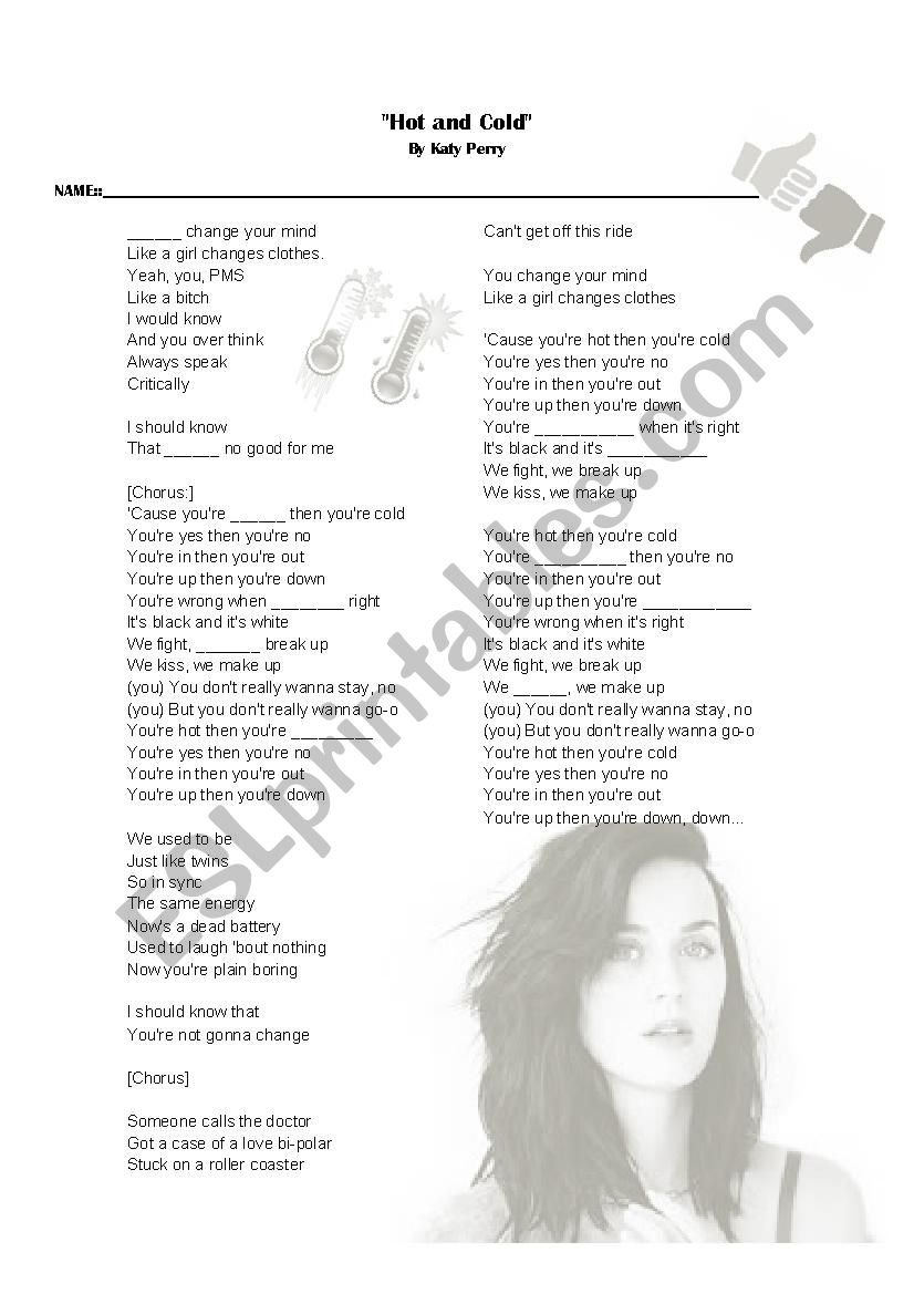 HOT and COLD Katy Perry  worksheet