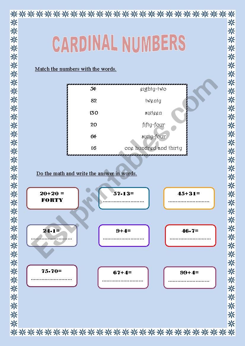 Cardinal Numbers worksheet