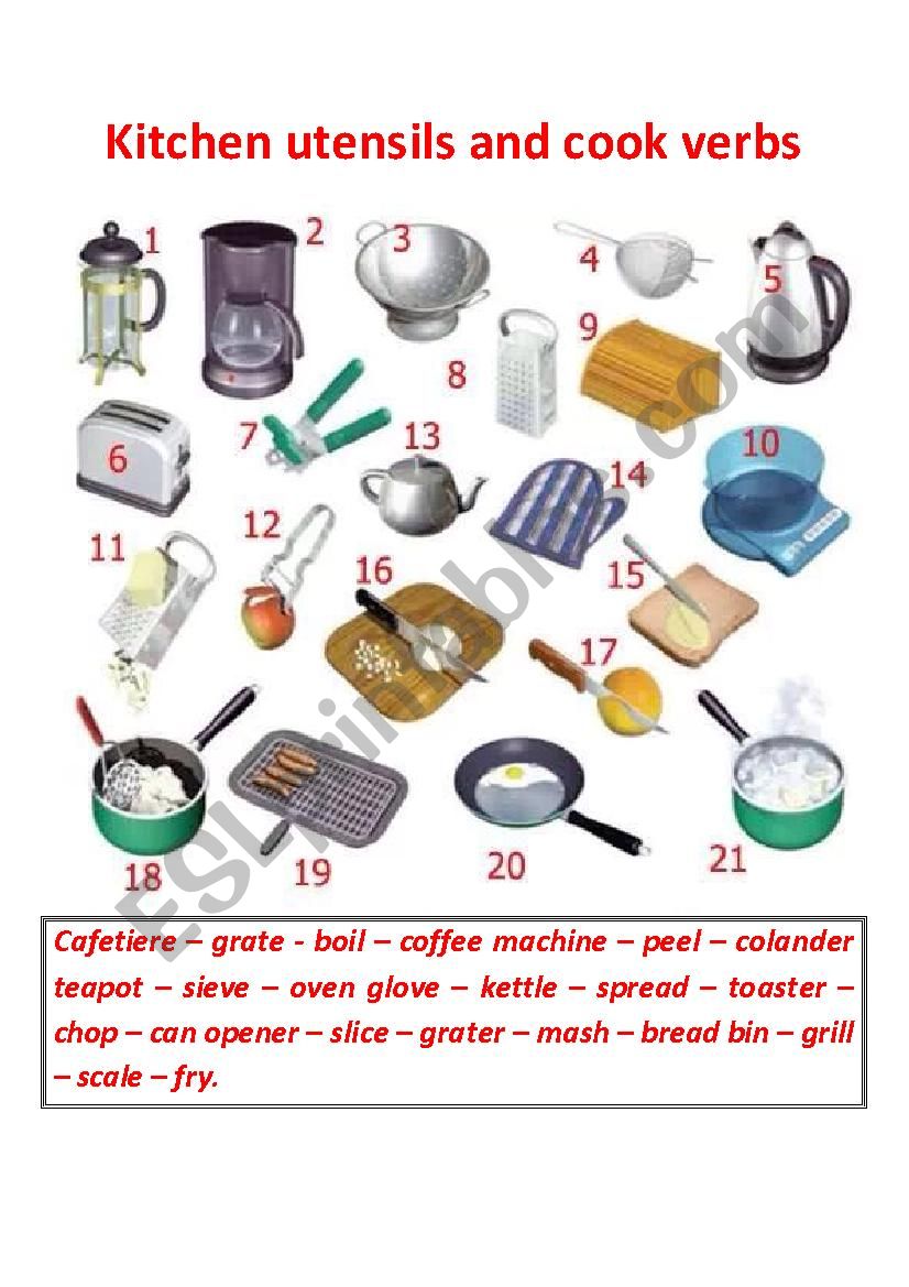 kitchen utilities, kitchen appliances, cooking - ESL worksheet by