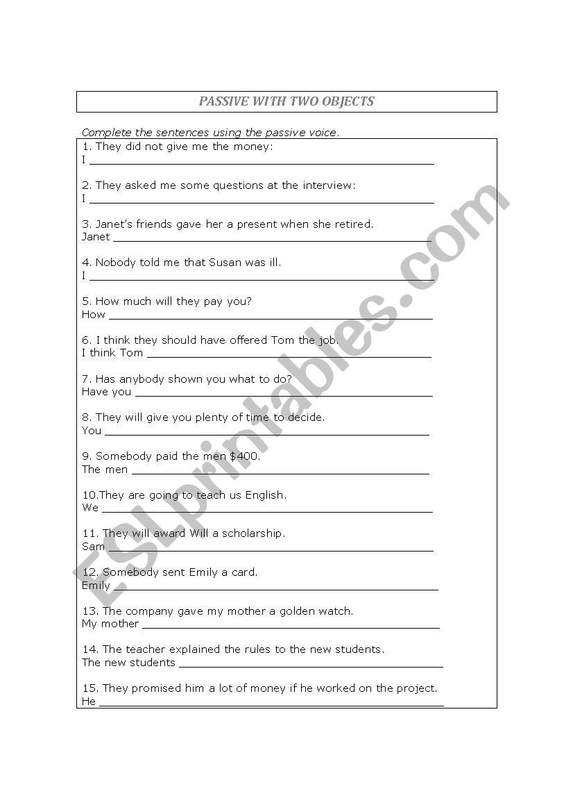 PASSIVE WITH TWO OBJECTS worksheet