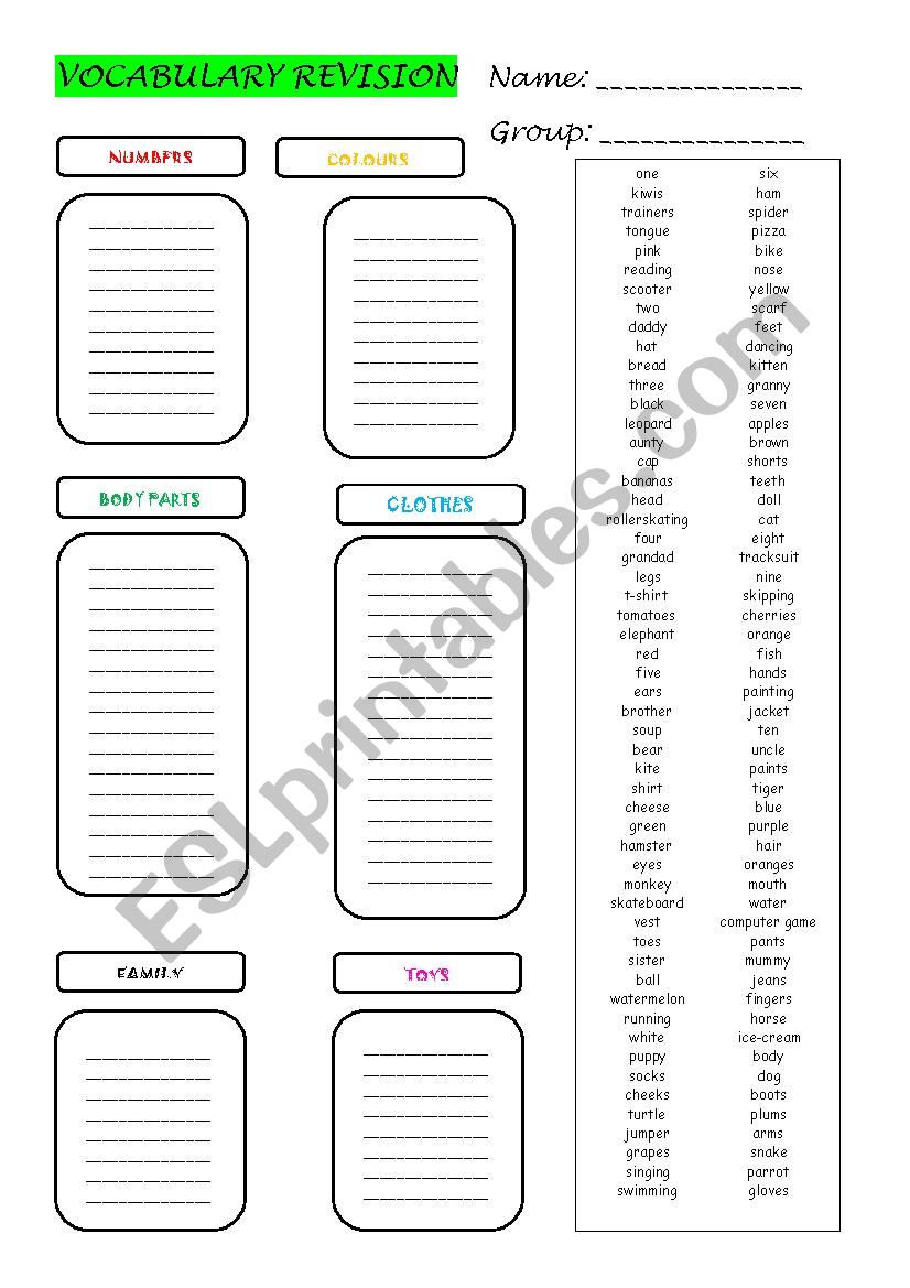 Vocabulary revision worksheet