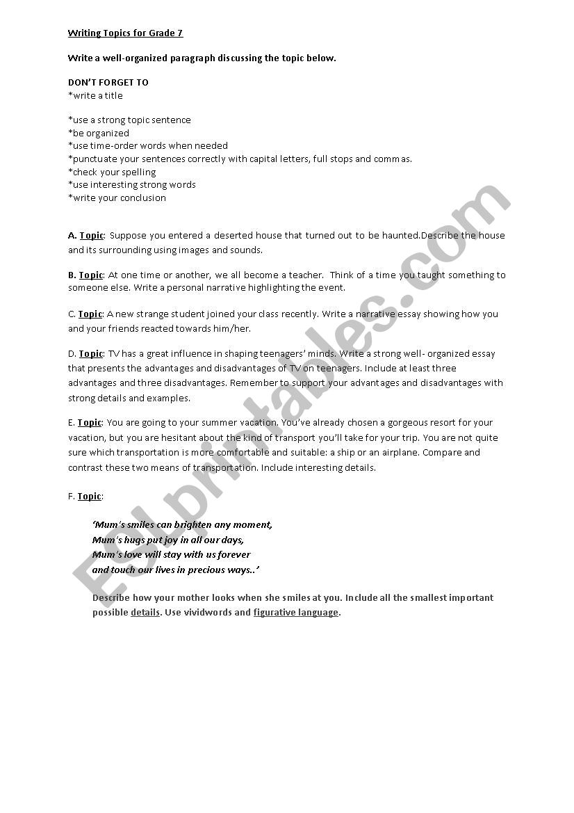 Writing topics for Grade 13 - ESL worksheet by ReemSancil