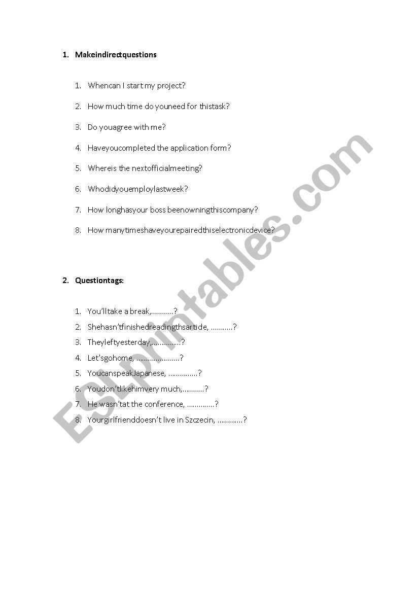 Indirect questions and tags worksheet