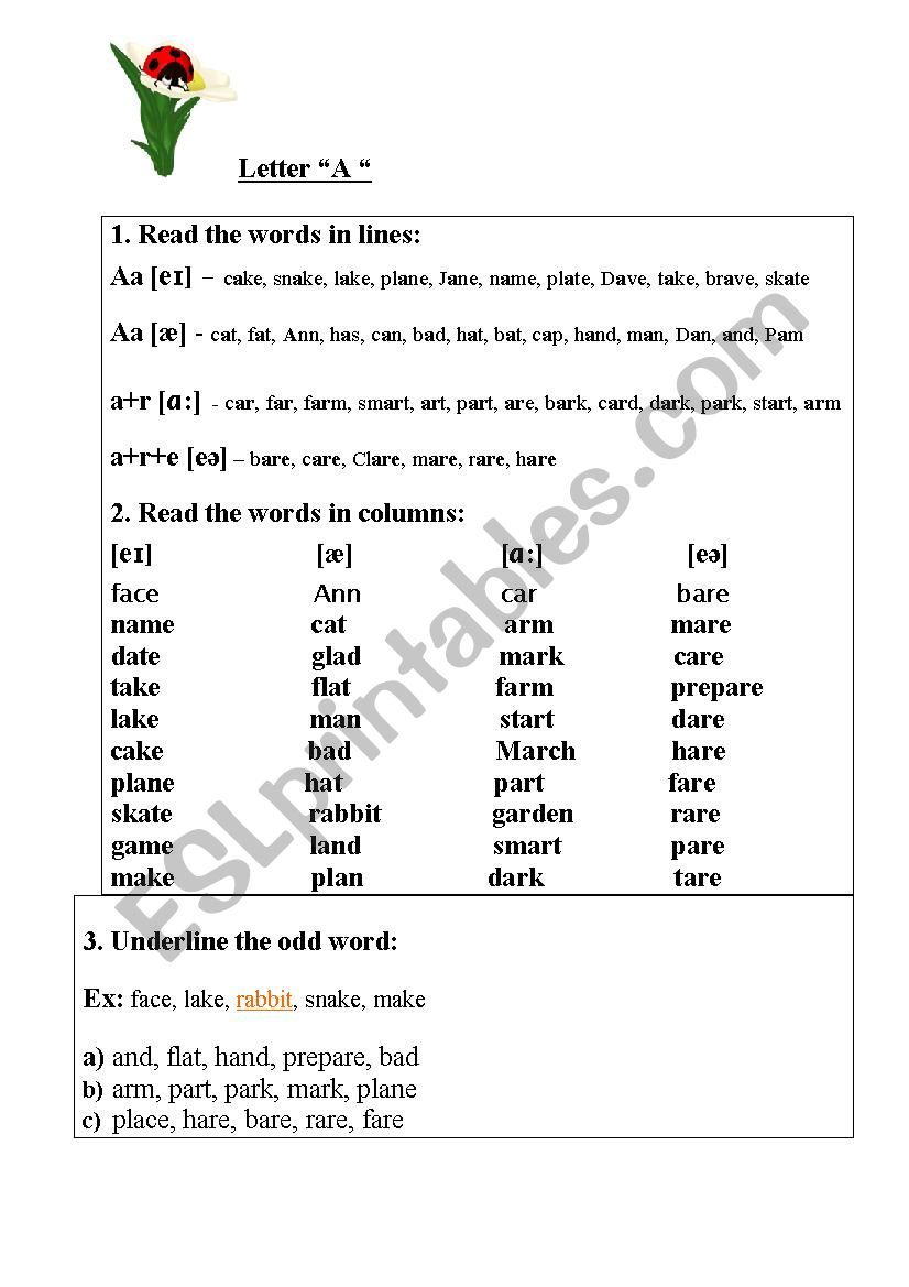 Reading Card, letter A worksheet