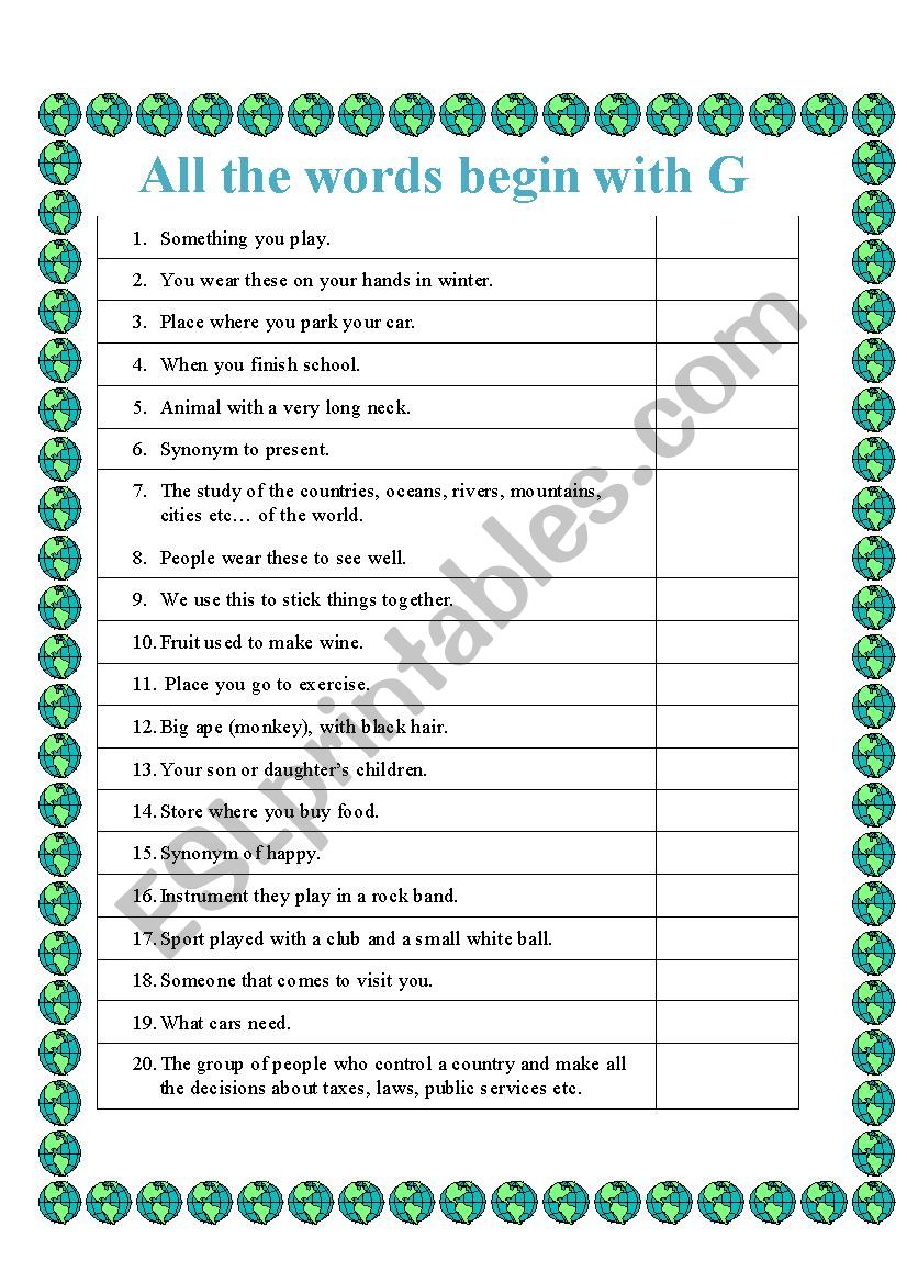 All the words begin with G worksheet