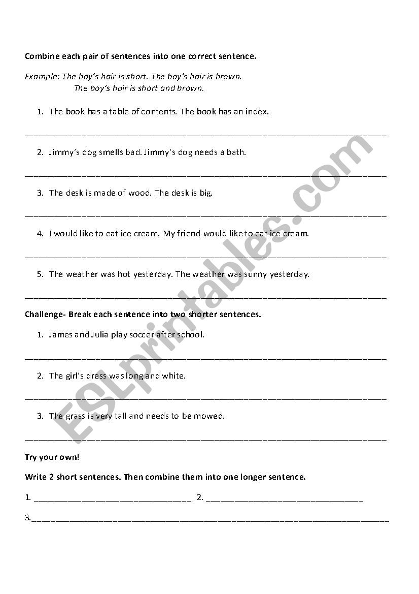 Sentence Combining Practice ESL Worksheet By Katierichardson