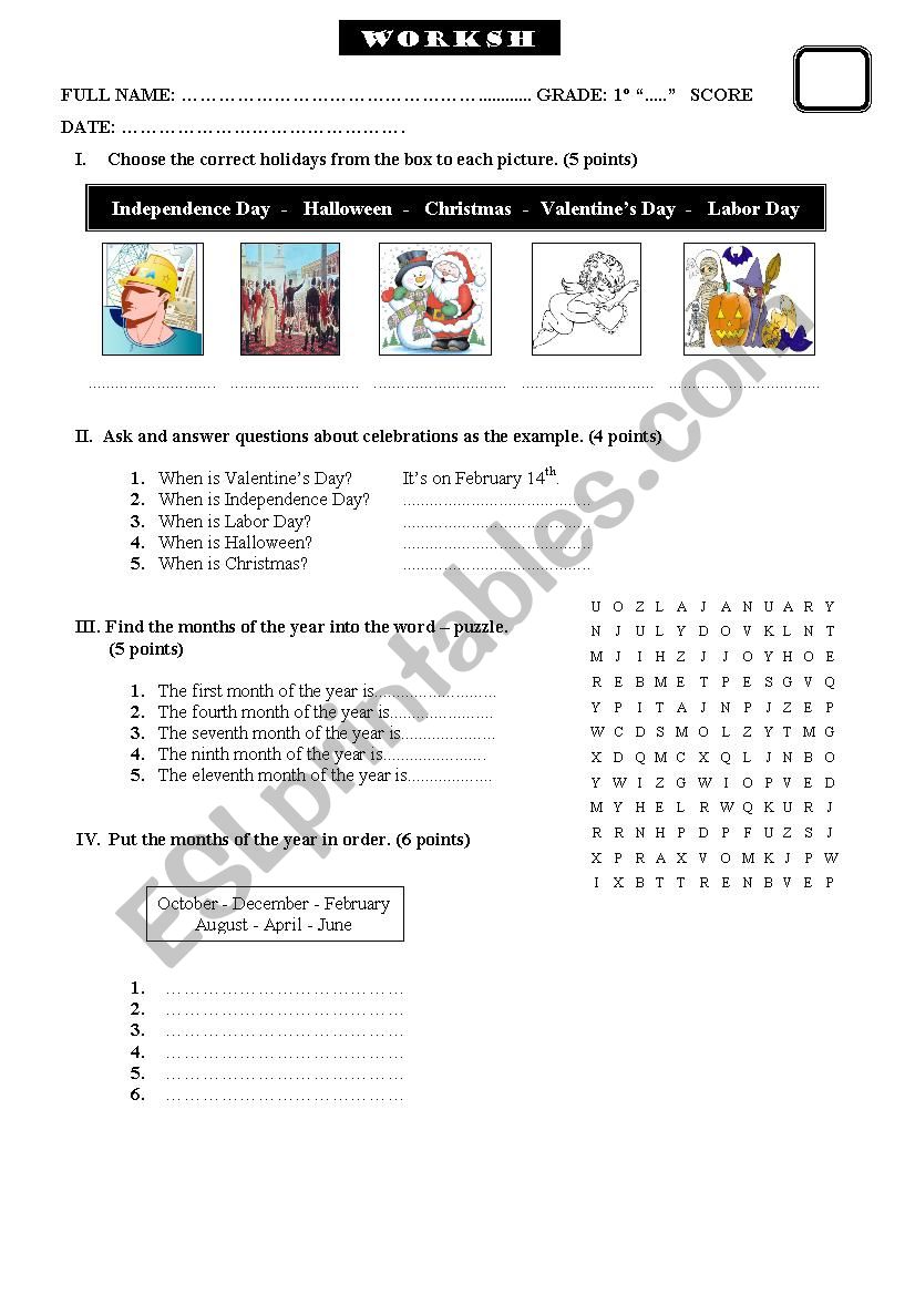 Important days worksheet