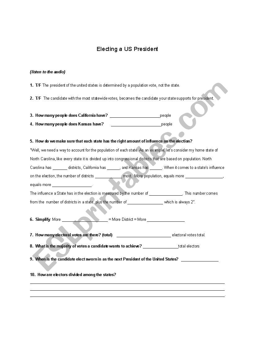 How to elect a us president worksheet