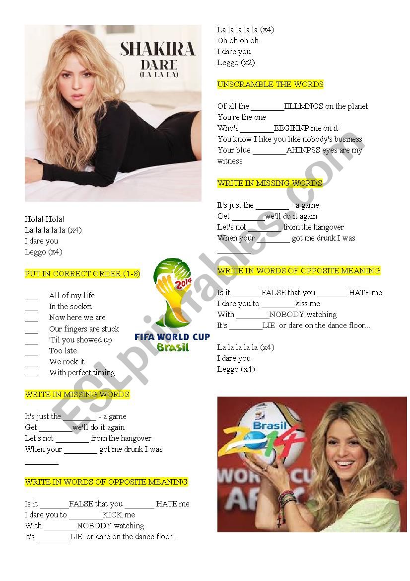 Shakira Dare worksheet