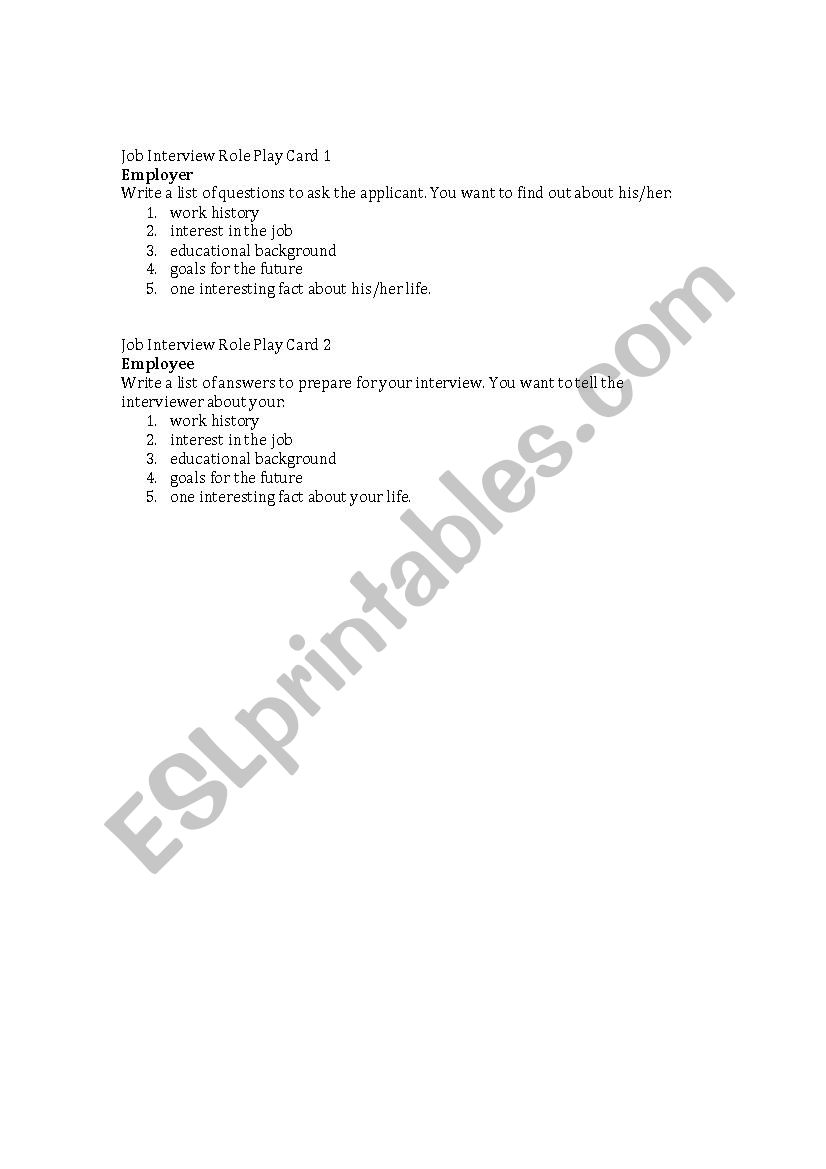 Job Interview Role Play Guide worksheet