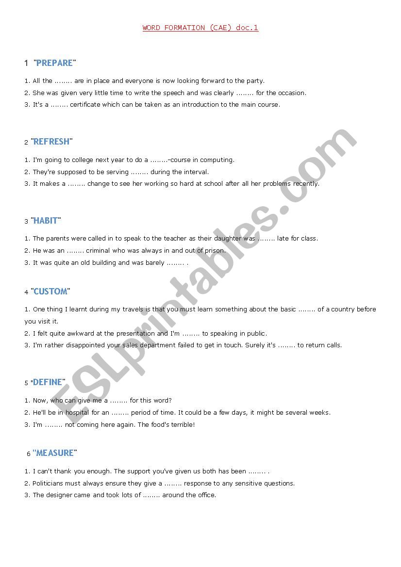 WORD FORMATION (CAE) 1 worksheet