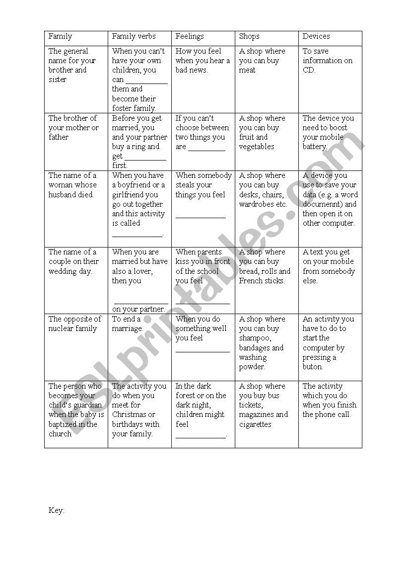 Vocabulary revision - feelings, family, shops, electronical devices