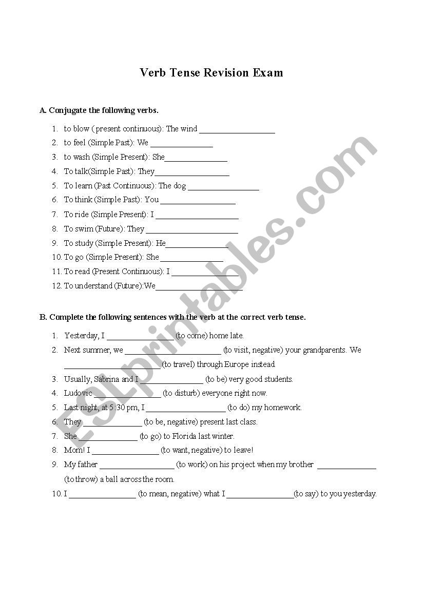 Verb Tense Revision Exam worksheet