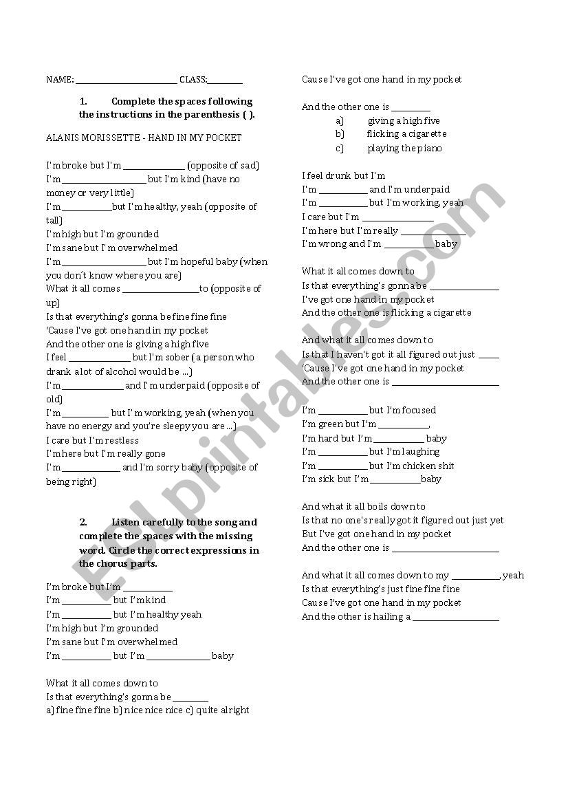 Hand in my pocket worksheet